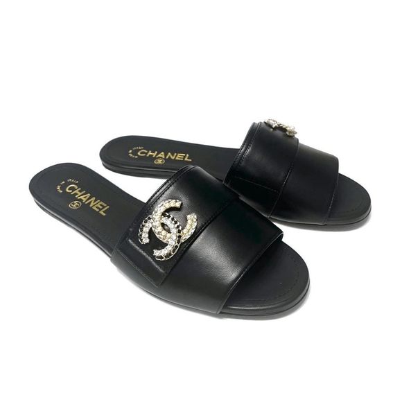 Shoes - Chanel CC Logo Crystal Pearl Black Lambskin Leather Mules Slides Sandals 39